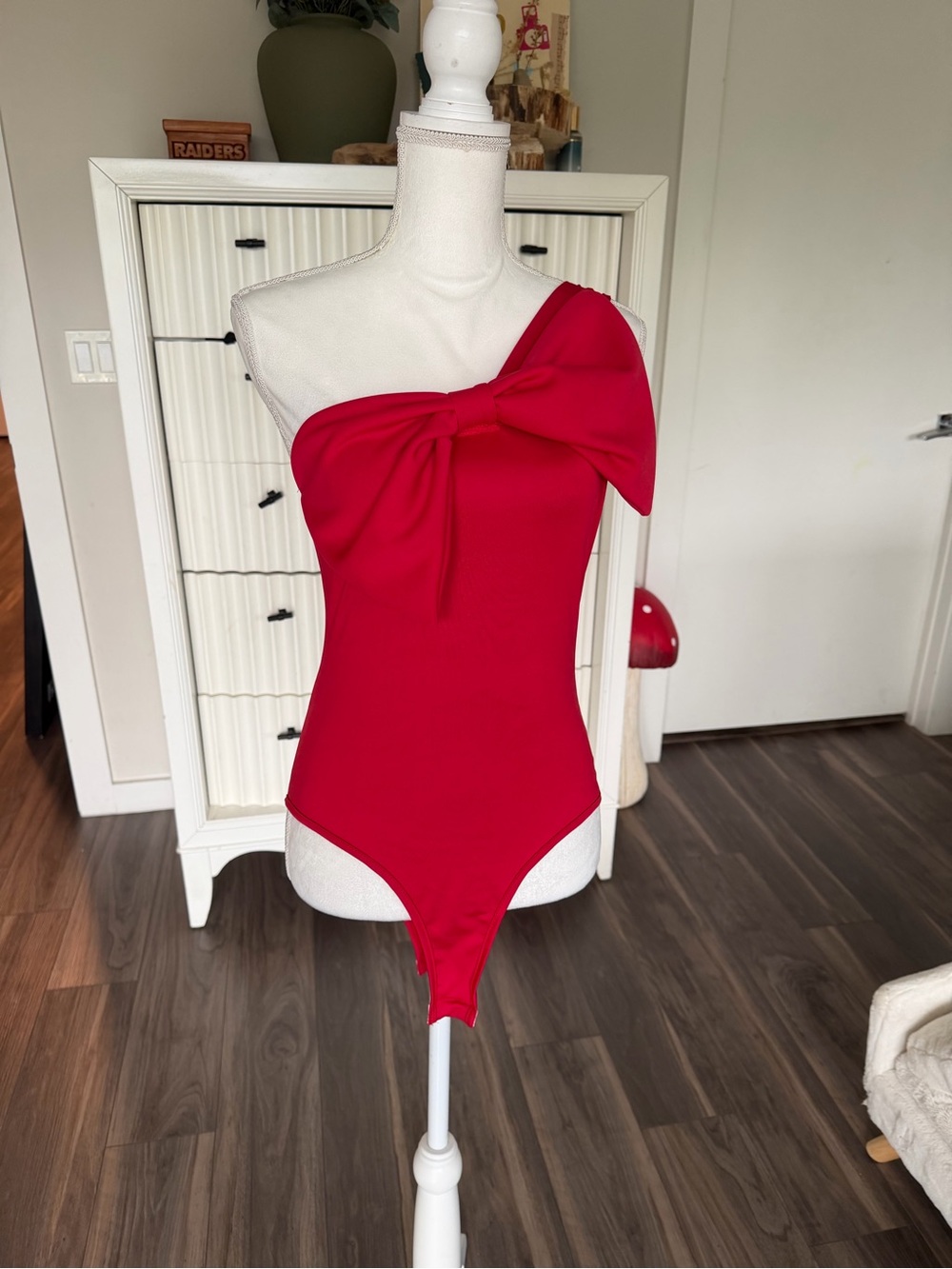 Red One-Shoulder Kids One-Piece with Bow
